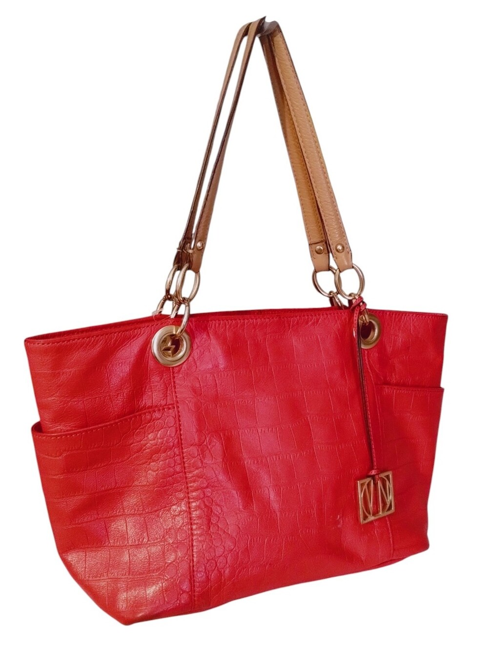 VN Genuine Leather Red Croc-Embossed East West PocketTote Bag with Tan Straps